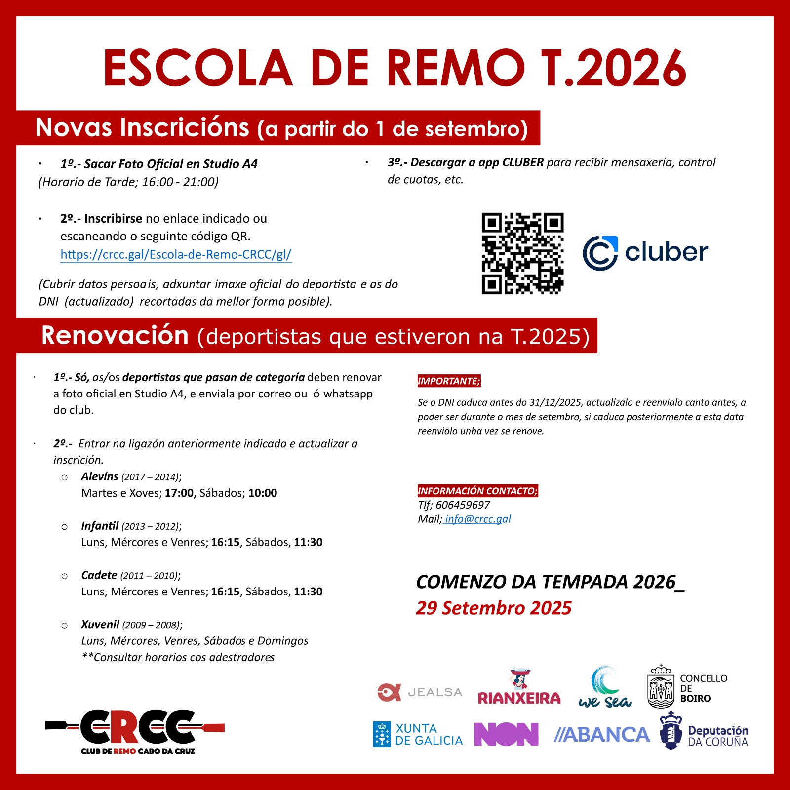 Inscrición na Escola de Remo CRCC Temporada 2026